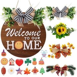 Interchangeable Welcome Sign for Front Door with 4 Seasonal Wreaths